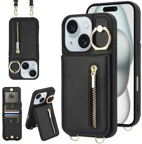 Jcxtrombulous Hülle für iPhone 15 Hülle Stoßfeste Handyhülle mit Verstellbarer Halskette RFID Reißverschluss Geldbörse Etui mit Kartenfach mit Band Ring Ständer Case für Frauen-Schwarz