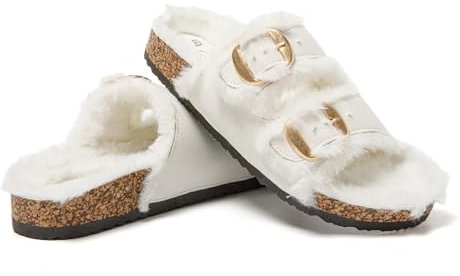 JOMIX Warme Wildleder Slippers Damen mit Schnallen Hausschuhe Winter Plüsch Pantoffeln Lammfell Gefüttert Fußbett rutschfeste Schuhe für Damen (Weiß, 37 EU, MD1071)