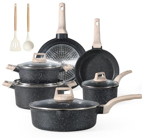 Carote Juego de utensilios de cocina antiadherentes de granito, 12 piezas compatibles con inducción y ollas con tapas, juego de utensilios de cocina con efecto de piedra negra sin PFOA con asas de