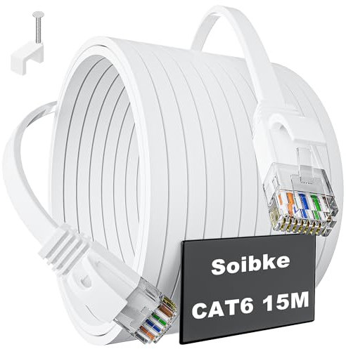 Cat 6 Ethernet Cable 15m, Internet Cable High Speed, Network Cable 15 Meter Flat, LAN Cable Extra Long White, RJ45 Cables Gigabit 1000Mbps Wlan Cables Thin Patch Cables for Modem Router