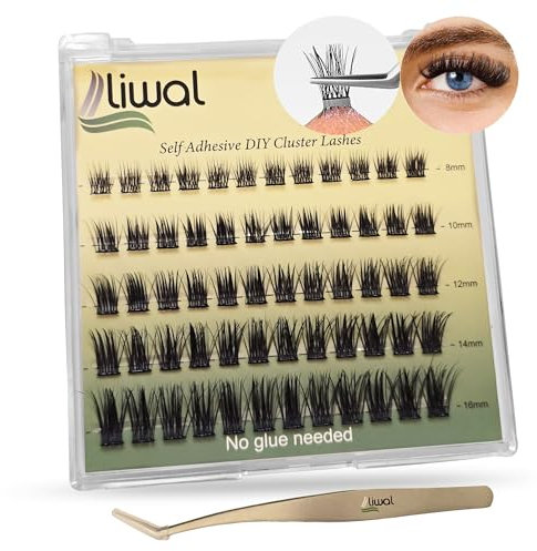 Liwal Self Adhesive Eyelashes,No Glue No Remover Needed 60 Pcs C Curl 8-16mm Pre-Glued Cluster Lashes, No Glue Needed, Reusable Press-On Eyelashes with Tweezer (LW-Natural 8-16 Mix)