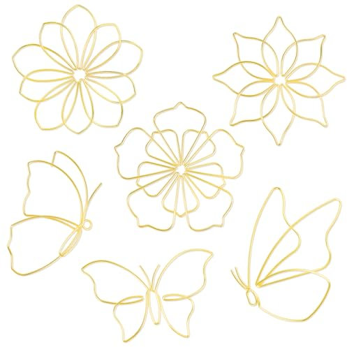 Detene 6 Stück Metall Blumen Wanddeko Metall Schmetterlinge Wanddeko Blumen Wandkunst Hängende Skulptur für Kunst Wohnzimmer Bauernhaus Kindergarten(Golden)
