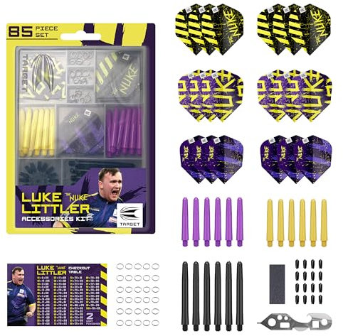 Target Darts Luke Littler Dart Accessories Set | Das Nuke 85-teilige Dart-Set, einschließlich Dart-Flüge und -Protektoren, Schäfte, Flight-Protektor, Multifunktionswerkzeug, Dartspitzenschärfer Stahl