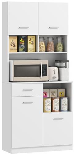 HOMCOM Credenza Cucina Alta con Cassetto, 4 Armadietti e 3 Scomparti Aperti, Mobile Dispensa con Ripiano Regolabile in Legno, per Soggiorno e Cucina, 80x35x180 cm, Bianco