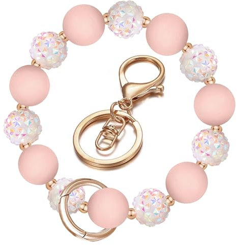 Auiremrti Schlüsselanhänger mit Armband, Silikonperlen und Schlüsselring für Damen, Glänzende Strassperlen, Elastisches Schlüsselanhänger-Armband