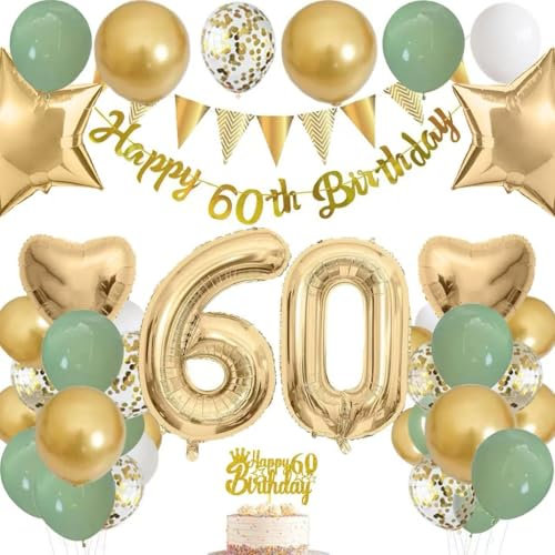 60th Birthday Decorations for Women & Men - Green & Gold Party Supplies Set with Banner, 40 inch Foil Balloons, Cake Topper & Latex Balloons - Happy 60th Birthday Bunting & Confetti Balloon