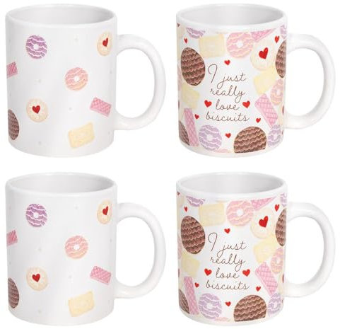 Set of 4 Classic Biscuit Print Mugs - 11 Ounce 325ml - Pink Red Purple White - Tea Coffee Cups Latte Cappuccino Hot Chocolate Drinks - Home Kitchen Work Office Mug Set