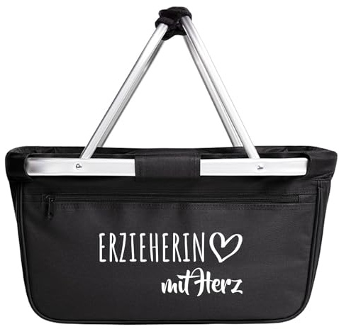Huuraa Einkaufskorb Erzieherin mit Herz Geschenk | Schön als Picknick Korb oder Shopper 20 Liter Black faltbarer Tragekorb Schwarz Geschenkidee Einkaufstasche Aluminium Griff