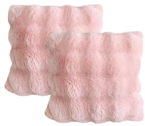 Durdiiy 2 Packs Fluffy Soft Faux Fur Cushion Covers Home Decorative Super Soft Luxury Pillow Covers 45 cm x 45 cm for bedrooms, living rooms, sofas, beds, and cars (Pink) (A)