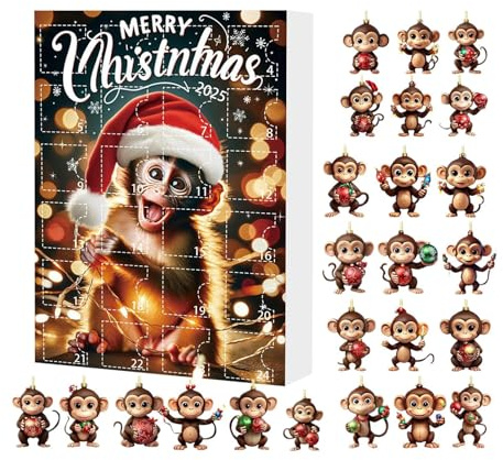 Yuemeuy 2025 Affen Adventskalender Christbaumschmuck,24 Teile 2D Niedliche Affen Christbaumschmuck - Auto Deko für Feiertage Büro Zimmer Geburtstag