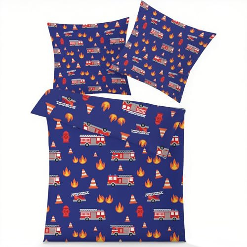GEDAEUBA Winter Bettwäsche 135x200 Feuerwehrauto - Kinder Feuerwehrmann Bettbezug, Wendebettwäsche und Kissenbezug 80x80, Weiche & Angenehme Mikrofaser Bettwäsche-Sets mit Reißverschluss