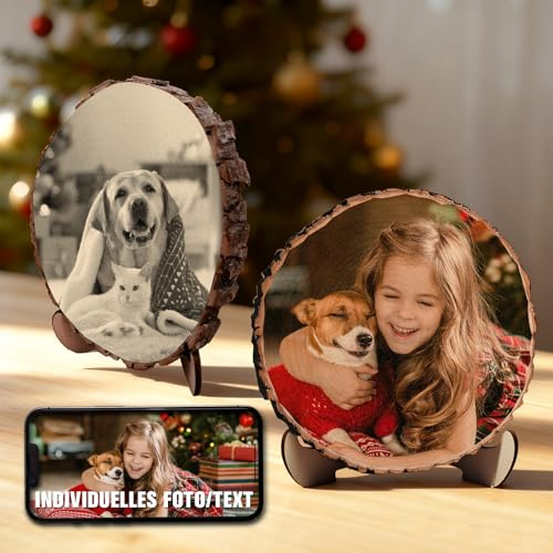 Personalisierte Baumscheibe mit Gravur Foto Individuelle Holzscheibe mit Text Bild inkl Ständer Personalisierte Geschenke zu Hochzeit Jahrestag Geburtstag Weihnachten (Haustiere)