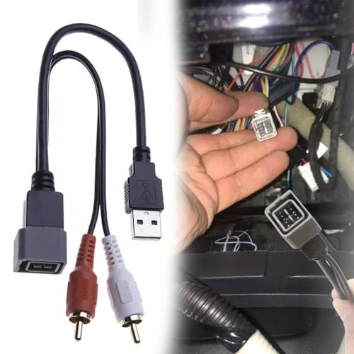 URPIZY Cavo adattatore AUX USB per Nissan Qashqai J10, Micra K13, Juke, Cube, Note, NV200, Versa - 23 cm, nero, USB + 2X RCA, 12 V