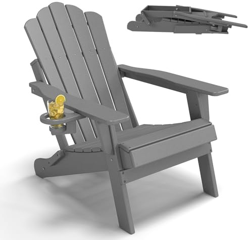 Freelawn Adirondack Chair Kunststoff, klappbar, Gartenstuhl Grau | HDPE Kunststoff, wetterfester Adirondack Stuhl mit Getränkehalter, ideal für Garten, Terrasse und Outdoor-Bereiche
