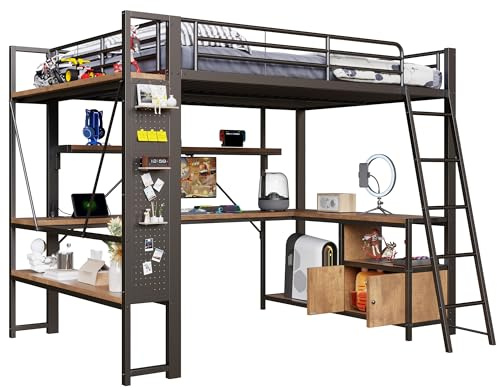 SOFTWEARY Hochbett mit Schreibtisch, LED-Streifen, Wandgitter, Regal, Schrank, Leiter, Steckdose, USB, Type-C, Kinderbett mit Rausfallschutz, Metallbett (schwarz, 140x200 cm)
