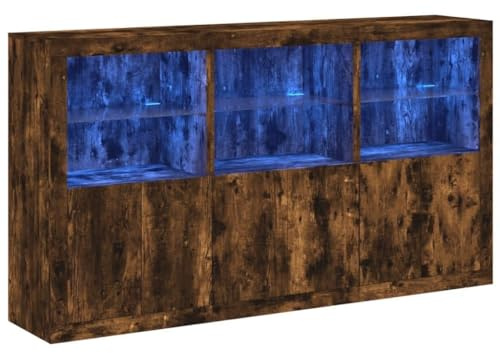 mtlskopl Sideboard mit RGB-LED 181,5x37x100 cm Räuchereiche Holzwerkstoff & Glas Modernes Highboard mit viel Stauraum für Wohnzimmer Flur und Küche