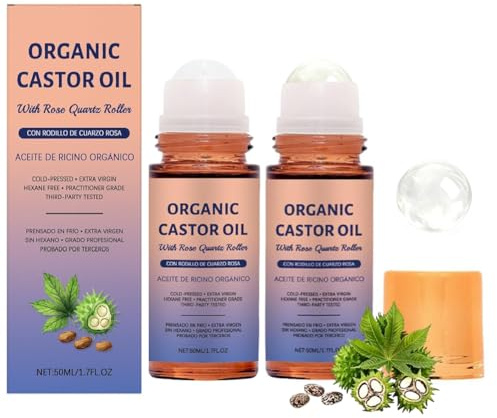 2 Stück Bio Rizinusöl Rosenquarz-Roller, Rizinusöl Bio Kaltgepresst Roller,Organic Castor Oil Rose Quartz Rollers Ball,50ml Castor Oil Natürliche,für Haut,Gesicht, Körper,Haare,Wimpern und Augenbrauen