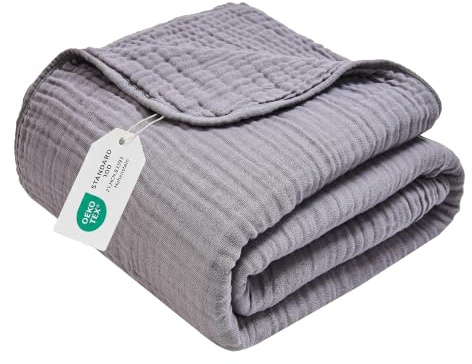 VANJOROY Musselin Tagesdecke 127x152cm-100% Baumwolle 6-Lagen Oeko-Tex Zertifizierte, Weiche Leichte Sommerdecke als Kuscheldecke, Bett-Überwurf, Baumwolldecke für Sofa und Bett. Dunkelgrau