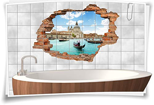 Medianlux 3D-Fliesen-Bild-er italienische Motive Deko Wand-Tattoo Bad-Fliesen-Aufkleber Wanddurchbruch Italien Venedig Gondel-Fest, 75x50cm, 15x15cm (BxH)