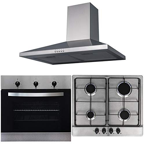 SIA 60cm Electric Stainless Steel True Fan Oven, 4 Burner Gas Hob & Cooker Hood