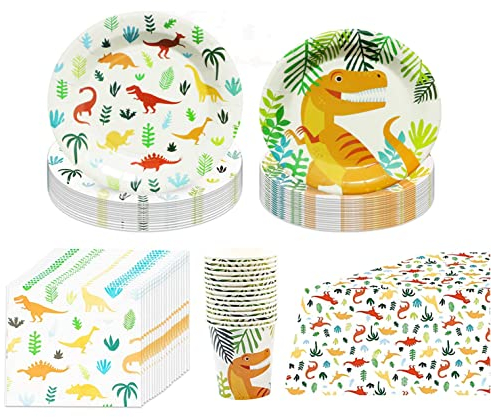 Dinosaur Party Supplies Birthday Tableware Set Paper Plates, Dinosaur Cups and Napkins, for Kids Theme Party Decoration Serves 16 Guests.