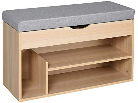 HOMCOM Meuble Chaussures Banc à Chaussures 2 Niveaux Rangement, Niche + Coffre intégré avec Coussin Beige Gris