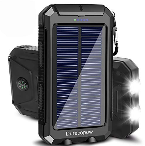 Getue Solar Charger, Durecopow 20000mAh Portable Outdoor Waterproof Solar Power Bank, Camping External Backup Battery Pack Dual 5V USB Ports Output, 2 Led Light Flashlight with Compass (Black)
