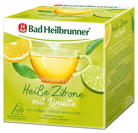 Bad Heilbrunner Heiße Zitrone mit Limette Tee - Früchtetee im Pyramidenbeutel - Zitrone, Limette - mit Vitamin C für Abwehrkräfte - stärkt das Immunsystem (6 x 15 Pyramidenbeutel)