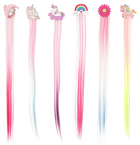 HIFOT 6 Stück Haarverlängerung Clips Glattes Haar, Einhorn Blume Regenbogen Mädchen Haarschmuck, Bunte Haarteile Synthese Party Ankleiden