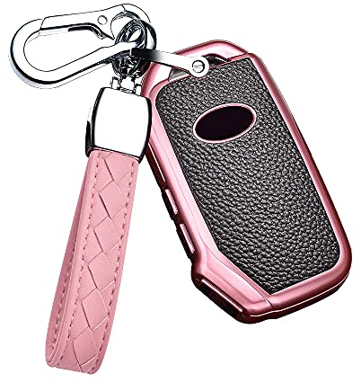 HIBEYO Smart Autoschlüssel Hülle passt für KIA Schlüsselhülle Schutzhülle Cover für KIA Sportage Stinger Sorento Soul Cerato Ceed Schlüsselbox Fernbedienung TPU Leder Texture Seitliche 3Tasten-Rosa