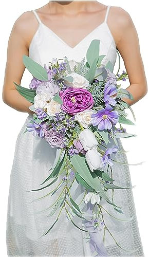 BenCentre 30.5 cm violetter Hochzeitsstrauß aus Stoff mit Austinrosen-Mix, künstliche Blumen, Brautdusche, Party und französische rustikale Vintage-Hochzeit