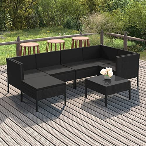 vidaXL Gartenmöbel 7-TLG. mit Auflagen Sitzgruppe Sofa Lounge Garten Garnitur Gartenset Gartensofa Mittelsofa Ecksofa Fußhocker Tisch Poly Rattan Schwarz