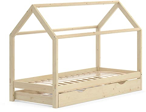 VitaliSpa Hausbett Wiki, Bett aus Holz, Naturholz, 90x200 cm mit Gästebett