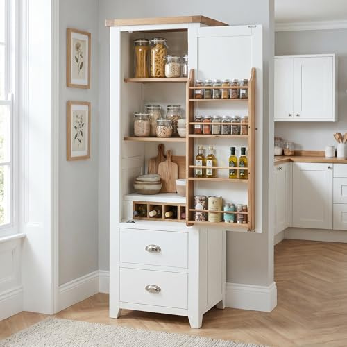 The Furniture Market Cheshire White Single Kitchen Larder Pantry Cupboard with Limed Oak Top, Adjustable Shelves, Fully Assembled, Modern and Traditional Kitchens - H 1905mm x W 645mm x D 570mm