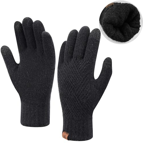 Damen Winter Warm Touchscreen Handschuhe Thermo Gestrickte Winterhandschuhe Doppellagige Strickhandschuhe mit Fleece Gefütterte Frauen Geschenk, Schwarz