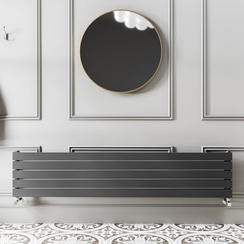Go Bathrooms Pinta 340 x 1600mm Horizontal Radiator Anthracite Flat Panel Single Column Wall Mounted Designer Anthracite Grey Radiator Central Heating Includes Brackets