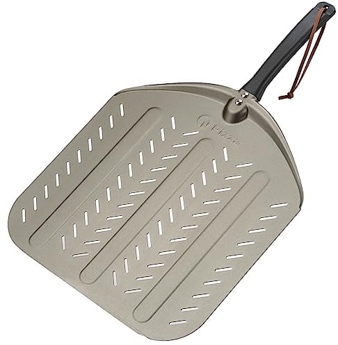 Q Pizza Perforated Pizza Peel 14, Non-stick Pizza Turning Paddle Pizza Oven Accessory, Extra Large Metal Pizza Spatula for Grill Oven Baking Bread Pastry Dough Pie Cake, Aluminium PT204