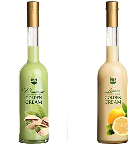 Golden Cream Pistacchio – Liqueur crémeuse de pistache et de crème. Délicieuse sur des glaces ou des desserts. & Golden Cream Limone – Liqueur crémeuse de limoncello citron et de crème