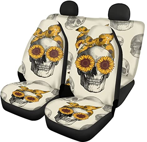 Binienty Robuste Autositzbezüge für vorne und hinten, 4-teiliges Set, Sonnenblumen-Totenkopf-Autositzbezug, schützt den Innenraum des Fahrzeugs vor Schmutz
