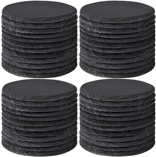 MAPRIAL Lot de 48 Sous Verres Ardoise, Dessous de Verre Ronds en Ardoise Noire de 10,2 cm avec Fond Anti-Rayures pour Table Basse, Décoration d'Intérieur, Tasse, Bar, Pendaison de Crémaillère