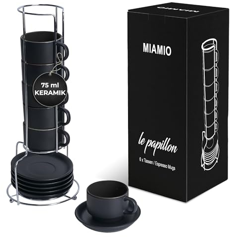 MIAMIO - 75 ml Espresso Cup Set with Saucers Coffee Mug Set of 6 - Ceramic Coffee Mug Stackable Espresso Mug with Stand for Coffee Drinks, Latte, Cafe Mocha - Le Papillon Collection (Black)