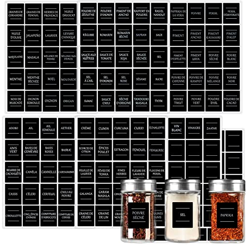 175 Étiquettes Épices Français Cuisine Autocollant Adhésives pour Bocaux Pots Étiquette Cuisine Bocaux, Bomtop Étiquettes pour Bocaux Réutilisable pour Bocaux de Produits Alimentaires (Rectangle Noir)