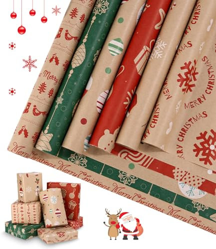 Geschenkpapier Weihnachten 6 Rollen Set je 3M x 43cm Gift Wrapping Paper Recycelbares Weihnachtspapier Kraftpapier in 6 Verschiedene Muster für Kinder Geburtstag,Weihnachten,Valentinstag