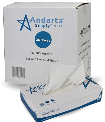 Andarta Gesichtstücher, 2-lagig, weich, 3.600 Stück (36 Packungen mit je 100 Stück) (36 Stück, weiß), parfümfrei