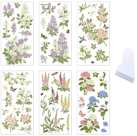 6 Blatt Rub On Transfer Aufkleber Blumen Aufkleber Pflanzen Blätter Schmetterling Vogel Wildblumen Vintage Küche Deko Ästhetische Transfer Sticker für Möbel Fenster Flasche Laptop Scrapbooking
