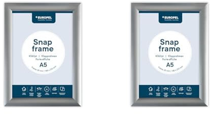 EUROPEL Klapprahmen A5 mit 25 mm Aluminium-Profil - aufklappbarer Plakatrahmen mit Gehrungsecke - Schnapprahmen für u.a. Poster, Zertifikate, Fotos & Werbemittel - Silber (Packung mit 2)