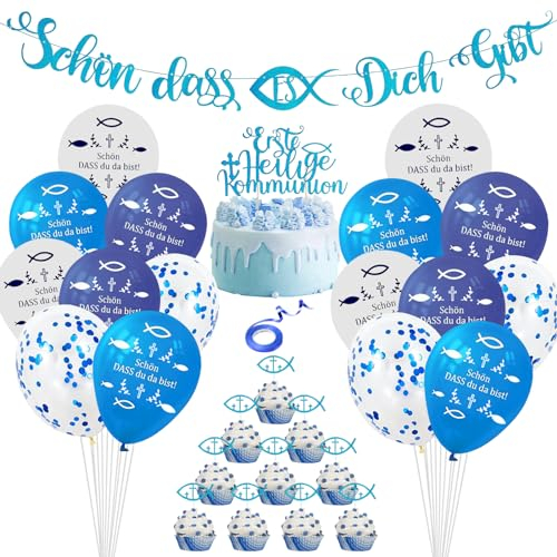 32 Stück Taufe Luftballons Kommunion Deko Junge Taufdeko Konfirmation Luftballon Kommunion Jungen Schön DASS Du da Bist Blau Fisch Kommunion Ballon Erstkommunion für Taufe Kommunion Konfirmation