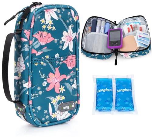 YOUSHARES Insulin Kühltasche mit 2 Kühlakku - 21x11.5x6CM Tragbar, aber großes Fassungsvermögen Medikamenten Etui für Diabetiker Halten Sie die Vorräte Sicher und Kalt Diabetes Tasche (Lilien)