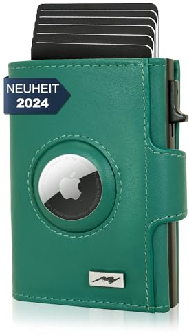 Marc Peter® Chicago Blaugrün Leder Push Air Slim Wallet | Airtag Geldbörse mit Münzfach | kleines Mini Portmonee aus Echtem Leder
