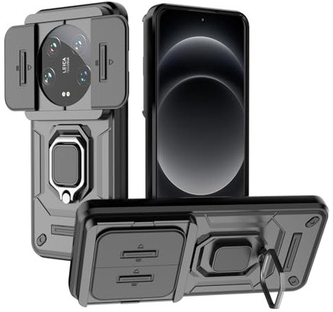 TEYYOS Cover Armatura per Xiaomi 14 Ultra, Custodia Antiurto con Coperchio Scorrevole e Staffa - Nero
